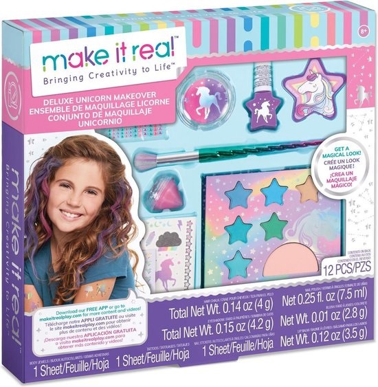 Make It Real Deluxe Unicorn Make Up Set - Kit di Trucco con Tavolozza Magica, Pennello e Decorazioni per Unghie