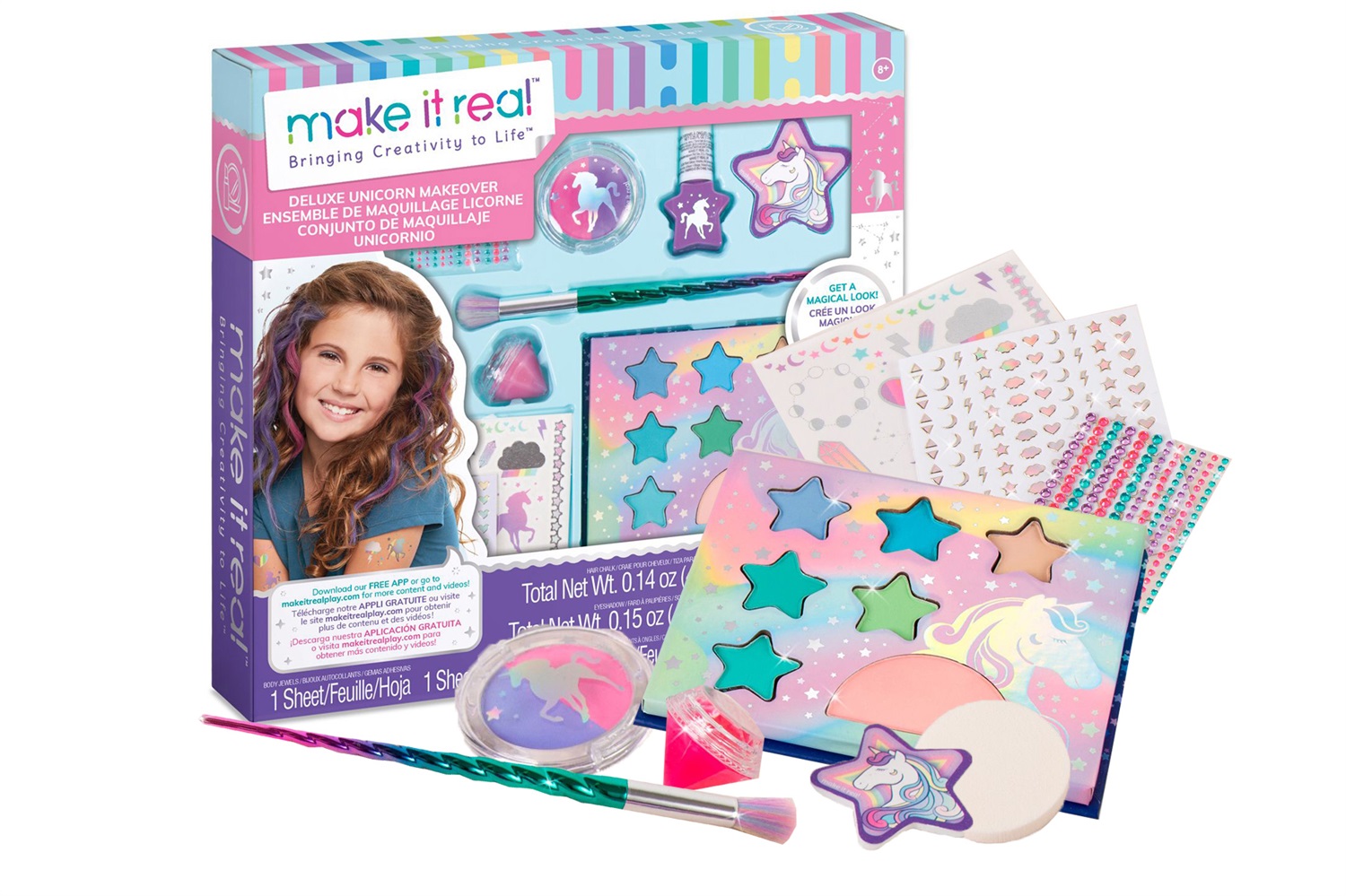 Make It Real Deluxe Unicorn Make Up Set - Kit di Trucco con Tavolozza Magica, Pennello e Decorazioni per Unghie