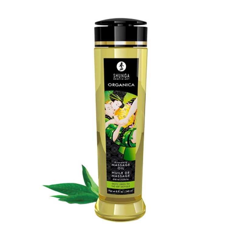 Shunga Olio da Massaggio Biologico Tè Verde 240 ml - Stimolante a base d'acqua, Texture Setosa e Senza Parabeni