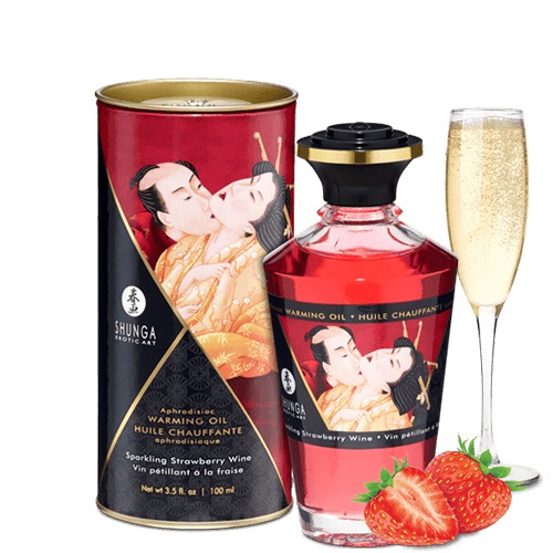 Shunga Olio da Massaggio Riscaldante Fragola e Champagne 100 ml - Effetto Calore e Aroma Afrodisiaco