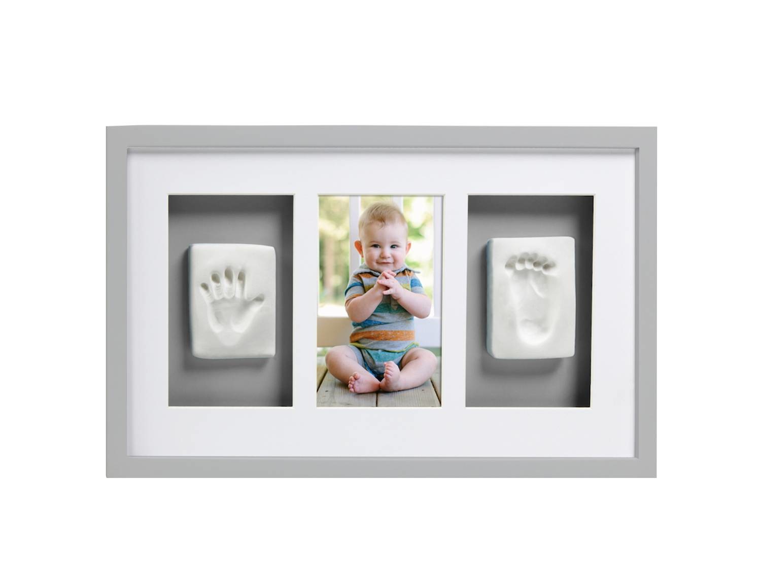 Pearhead Cornice da Parete per Foto e Impronte Bimbo, Grigia - Kit Facile da Creare con Spazi per Manina e Piedino