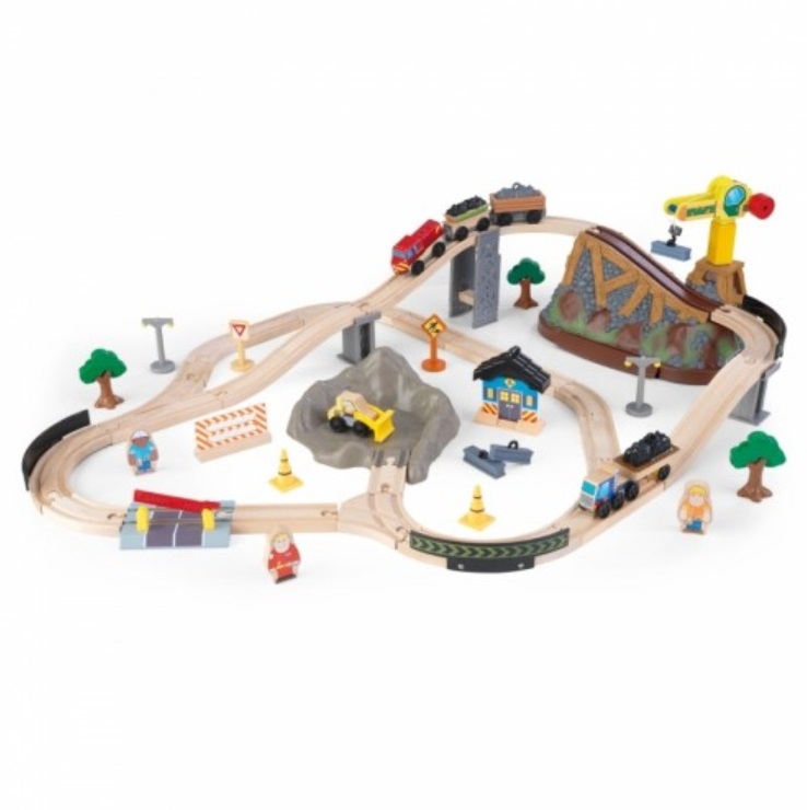 KidKraft Pista Trenino Bucket Top Construction in Legno per Bambini con Contenitori, Gioco per Veicoli con Camion da Cantiere e Gru, Giocattolo da Trasporto ed Escavatore, 17805