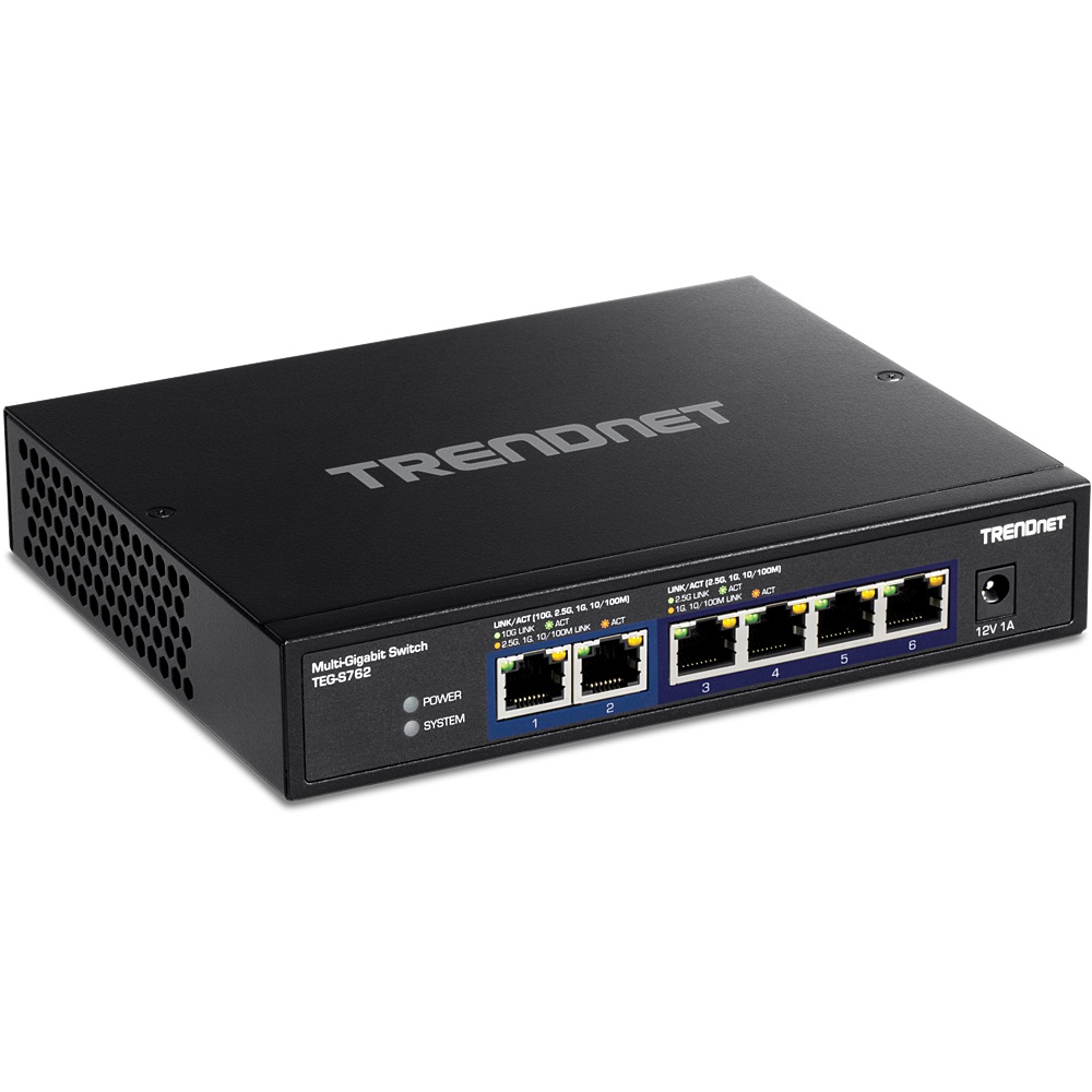 TRENDnet TEG-S762 Switch 6 porte 10G Ethernet - 4 porte RJ-45 2.5G, 2 porte RJ-45 10G, capacità di commutazione 60 Gbps, montabile a parete, design senza ventola