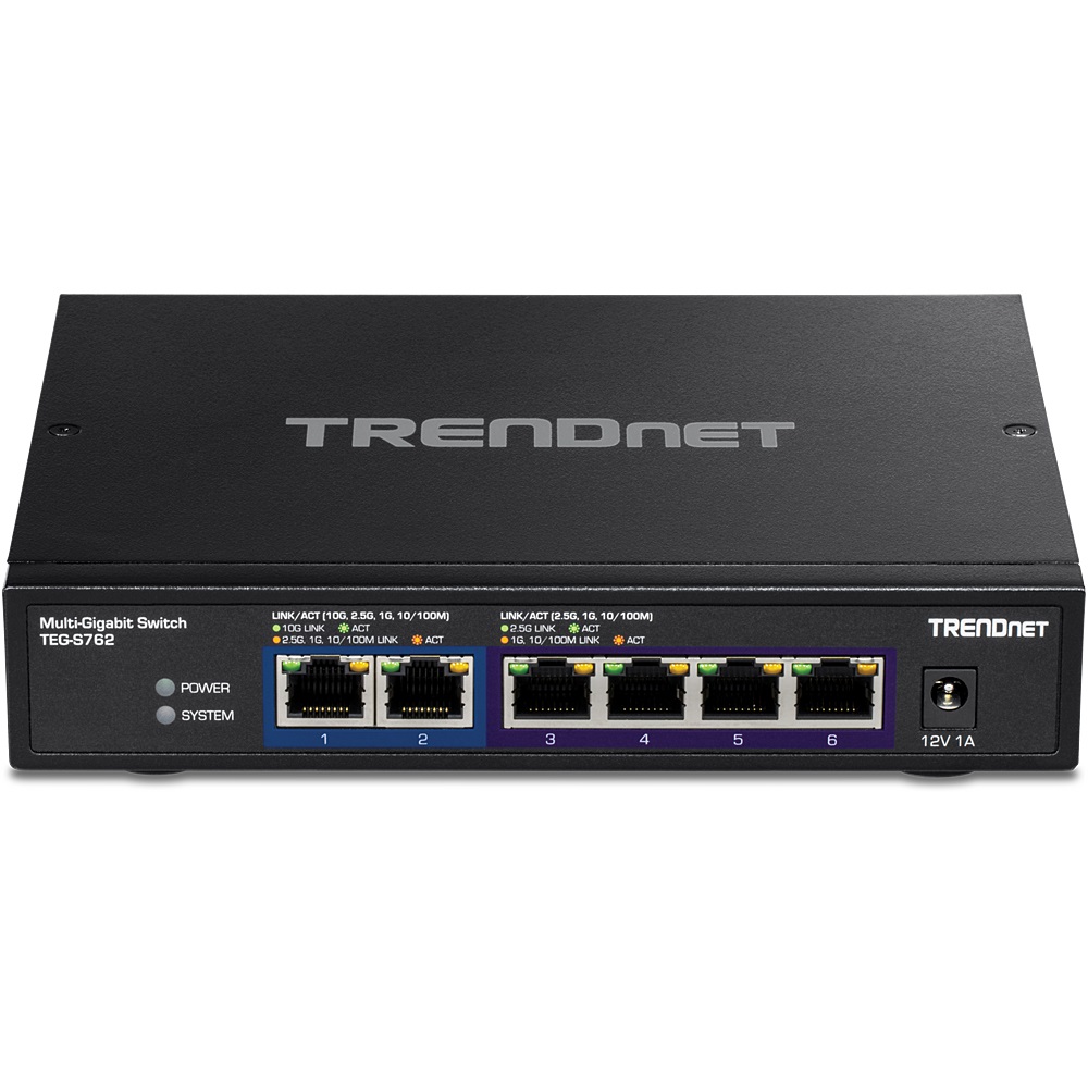 TRENDnet TEG-S762 Switch 6 porte 10G Ethernet - 4 porte RJ-45 2.5G, 2 porte RJ-45 10G, capacità di commutazione 60 Gbps, montabile a parete, design senza ventola