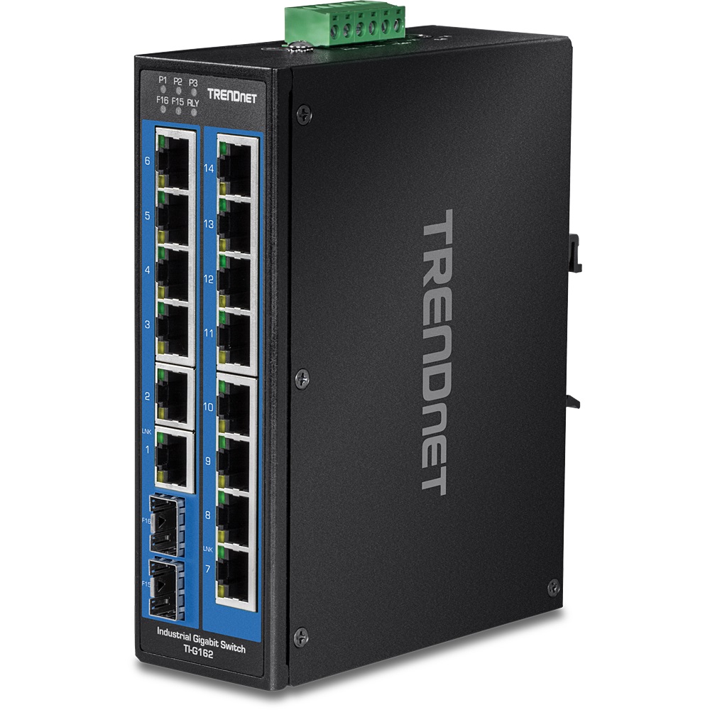 Trendnet TI-G162 Switch di Rete Gigabit Ethernet 16-Port Hardened Industrial DIN-Rail - 32 Gbps, Nero