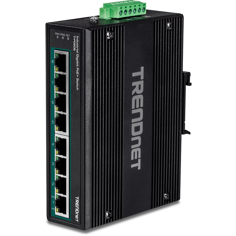 TRENDnet TI-PG80B Interruttore Industriale Gigabit PoE a 8 Porte RJ-45 (10/100/1000) con Capacità di Commutazione 16 Gbps e Supporto Alimentazione PoE (24-56V)