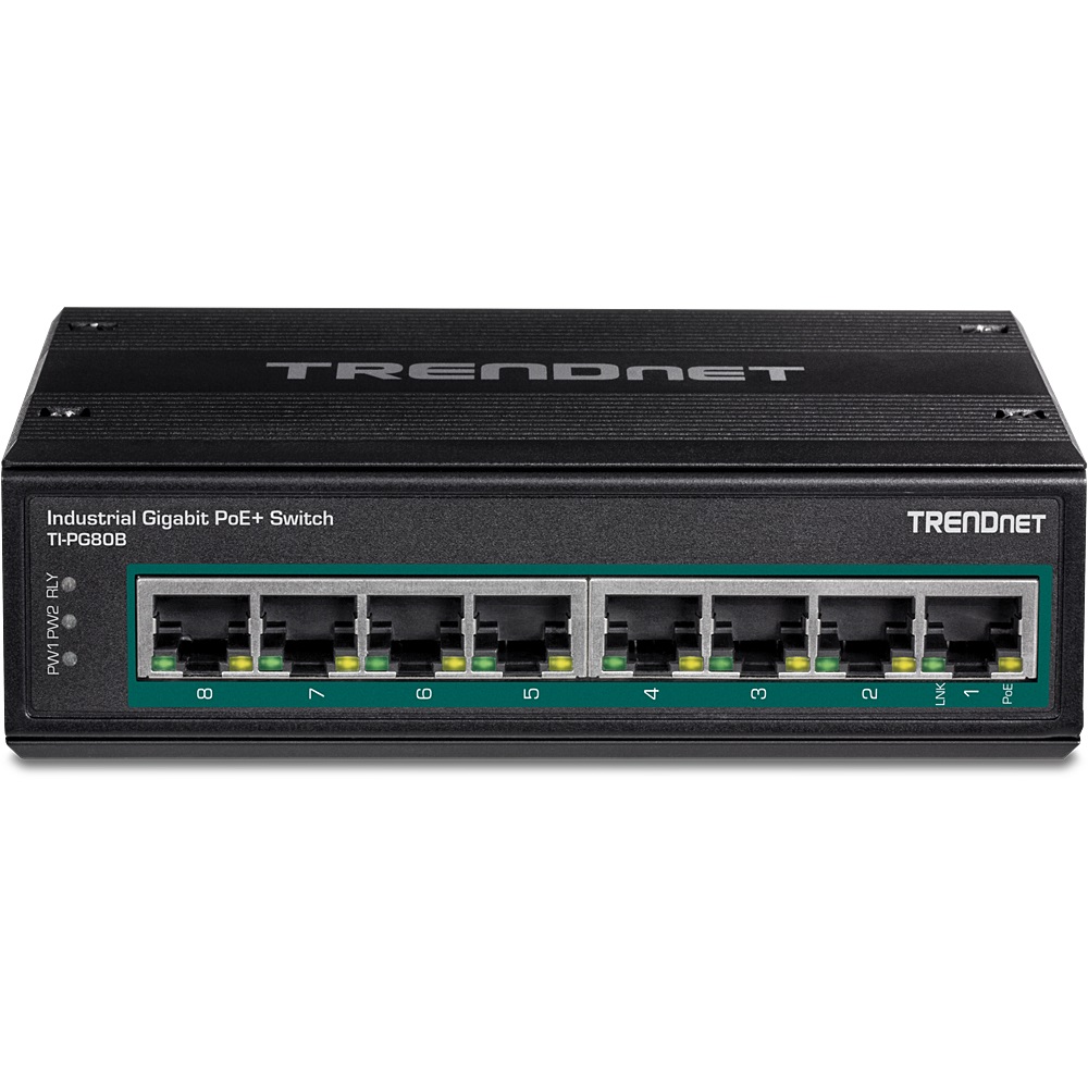 TRENDnet TI-PG80B Interruttore Industriale Gigabit PoE a 8 Porte RJ-45 (10/100/1000) con Capacità di Commutazione 16 Gbps e Supporto Alimentazione PoE (24-56V)