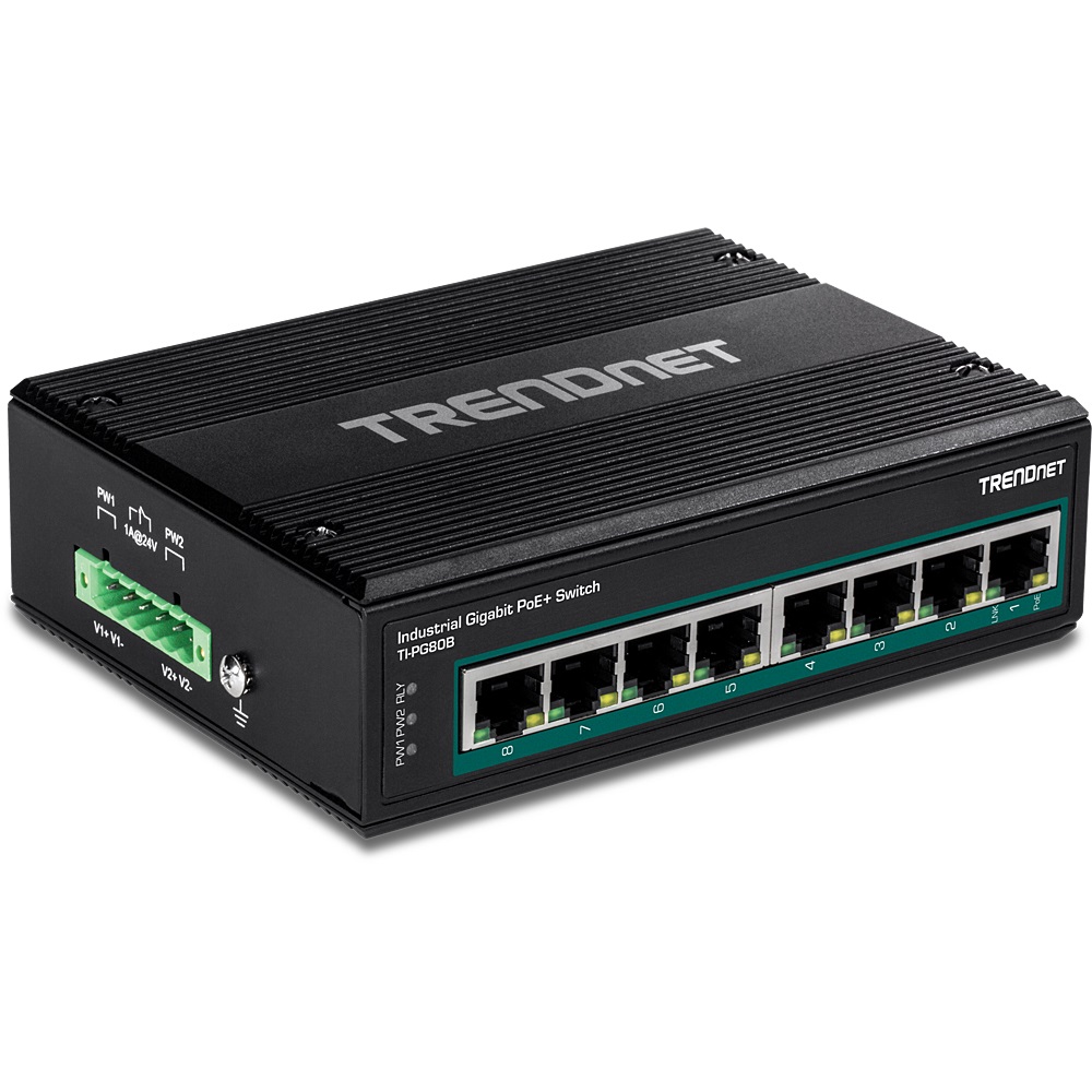 TRENDnet TI-PG80B Interruttore Industriale Gigabit PoE a 8 Porte RJ-45 (10/100/1000) con Capacità di Commutazione 16 Gbps e Supporto Alimentazione PoE (24-56V)