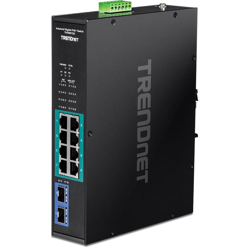 TRENDnet TI-PGM102 Switch Gigabit PoE Industriale 10 porte, Intervallo di temperatura -20° - 65°C, 2 slot SFP, Guida DIN