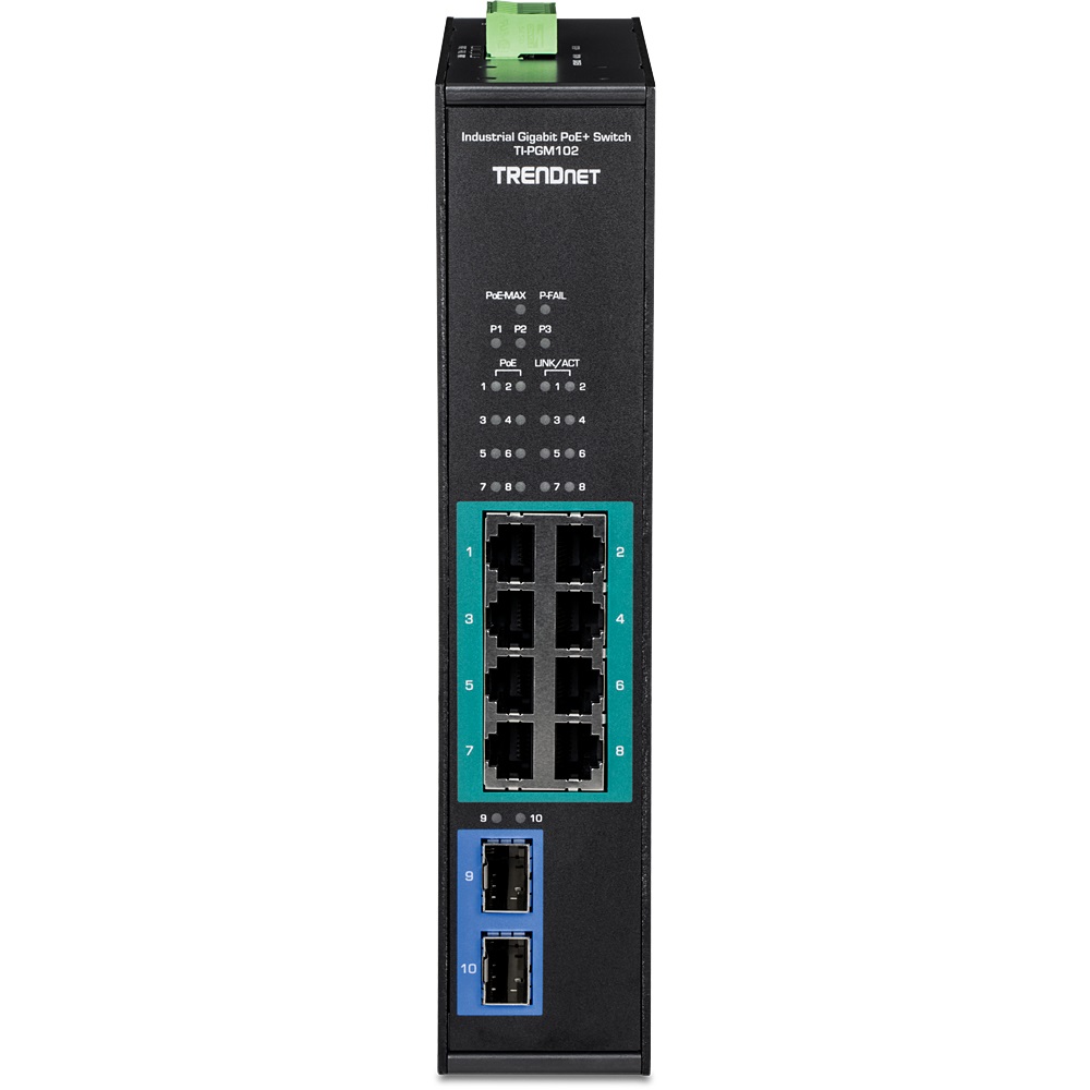 TRENDnet TI-PGM102 Switch Gigabit PoE Industriale 10 porte, Intervallo di temperatura -20° - 65°C, 2 slot SFP, Guida DIN