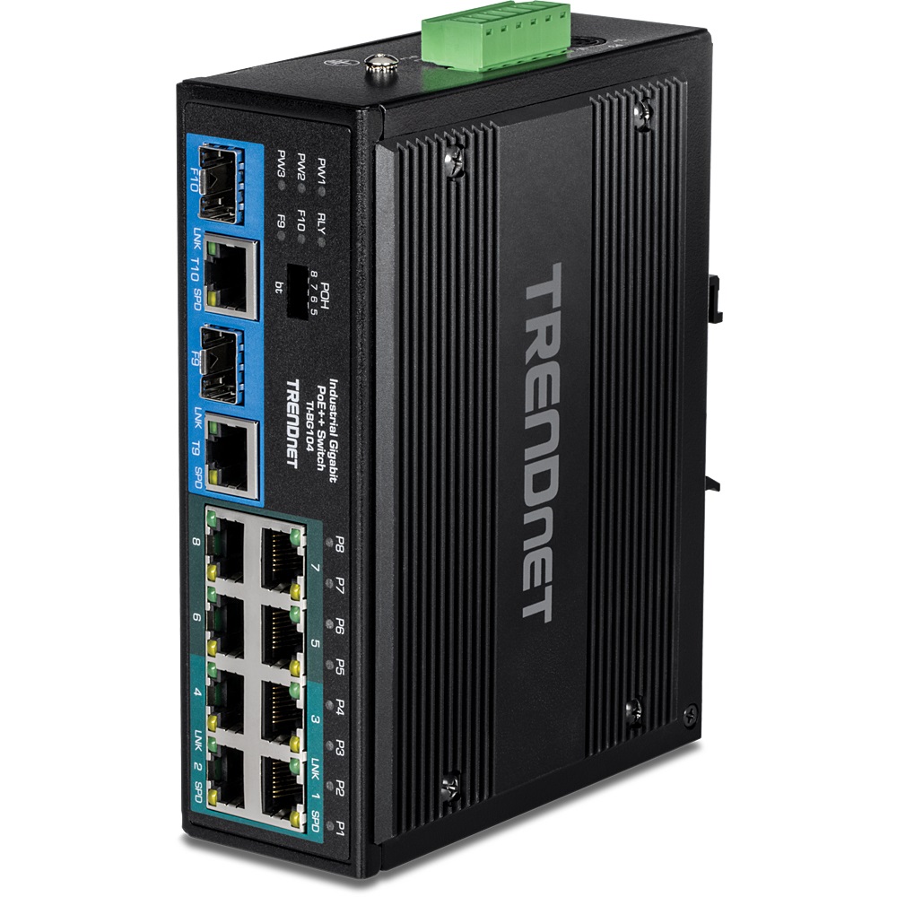 Trendnet TI-BG104 Switch di rete Non gestito Gigabit Ethernet (10/100/1000) con Supporto Power over Ethernet (PoE) - 10 Porte RJ-45, 2 Porte Combo SFP, Installazione su Guida DIN, Nero