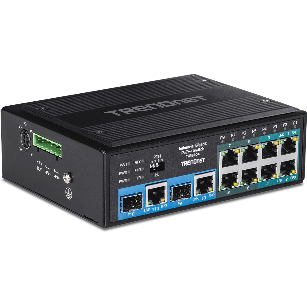 Trendnet TI-BG104 Switch di rete Non gestito Gigabit Ethernet (10/100/1000) con Supporto Power over Ethernet (PoE) - 10 Porte RJ-45, 2 Porte Combo SFP, Installazione su Guida DIN, Nero