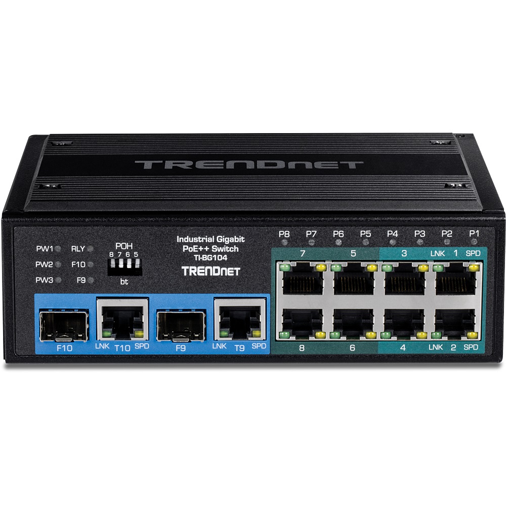 Trendnet TI-BG104 Switch di rete Non gestito Gigabit Ethernet (10/100/1000) con Supporto Power over Ethernet (PoE) - 10 Porte RJ-45, 2 Porte Combo SFP, Installazione su Guida DIN, Nero
