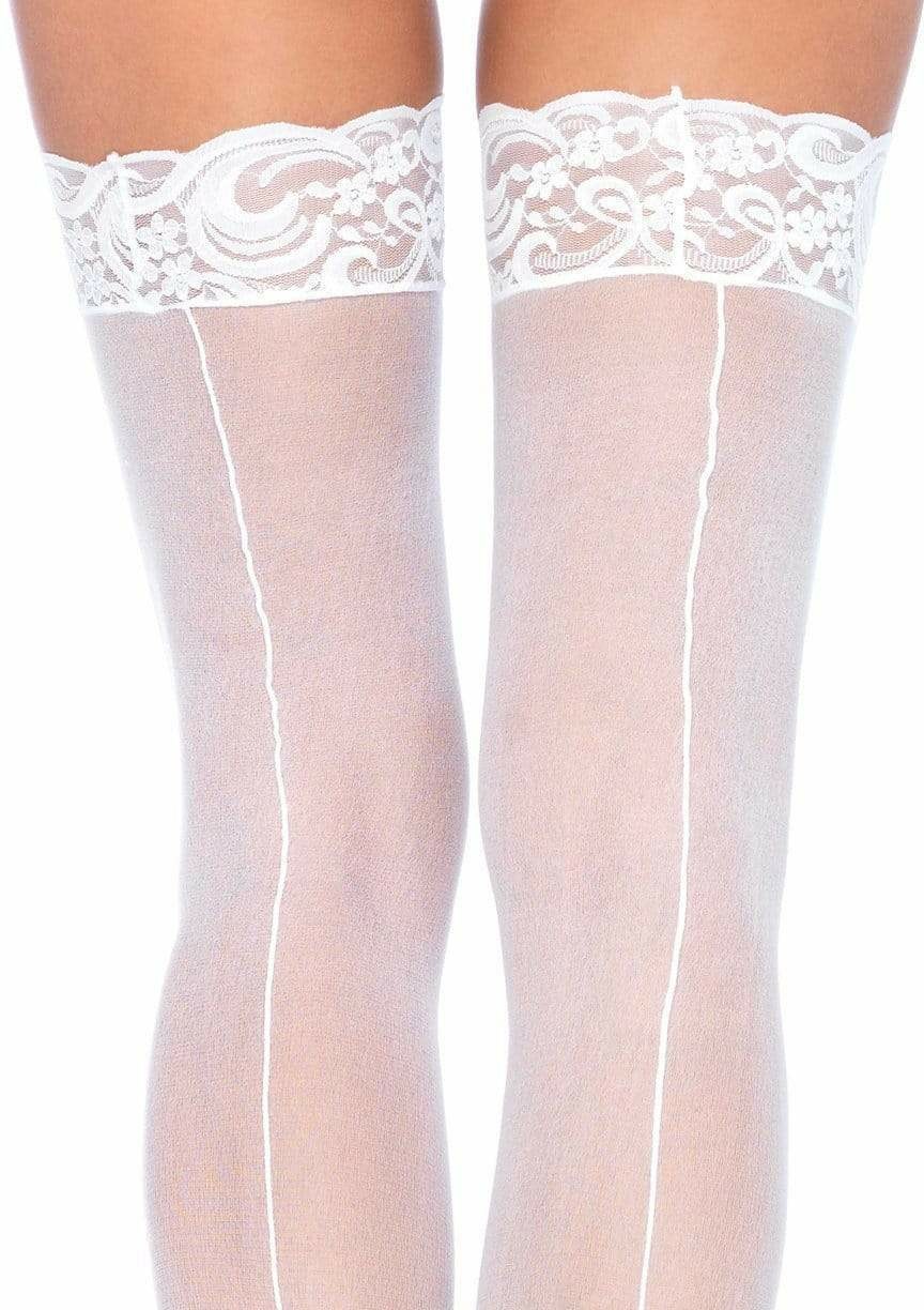 Leg Avenue Calze Alte Autoreggenti Bianche in Nylon con Top in Pizzo - Taglia Unica