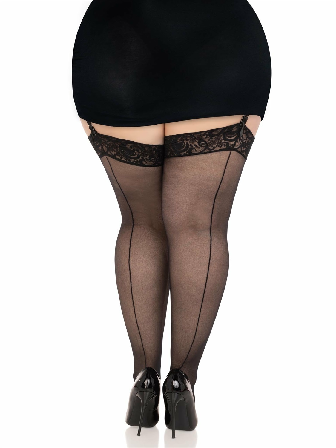 Leg Avenue Calze Nere con Cucitura Posteriore e Top in Pizzo - Plus Size