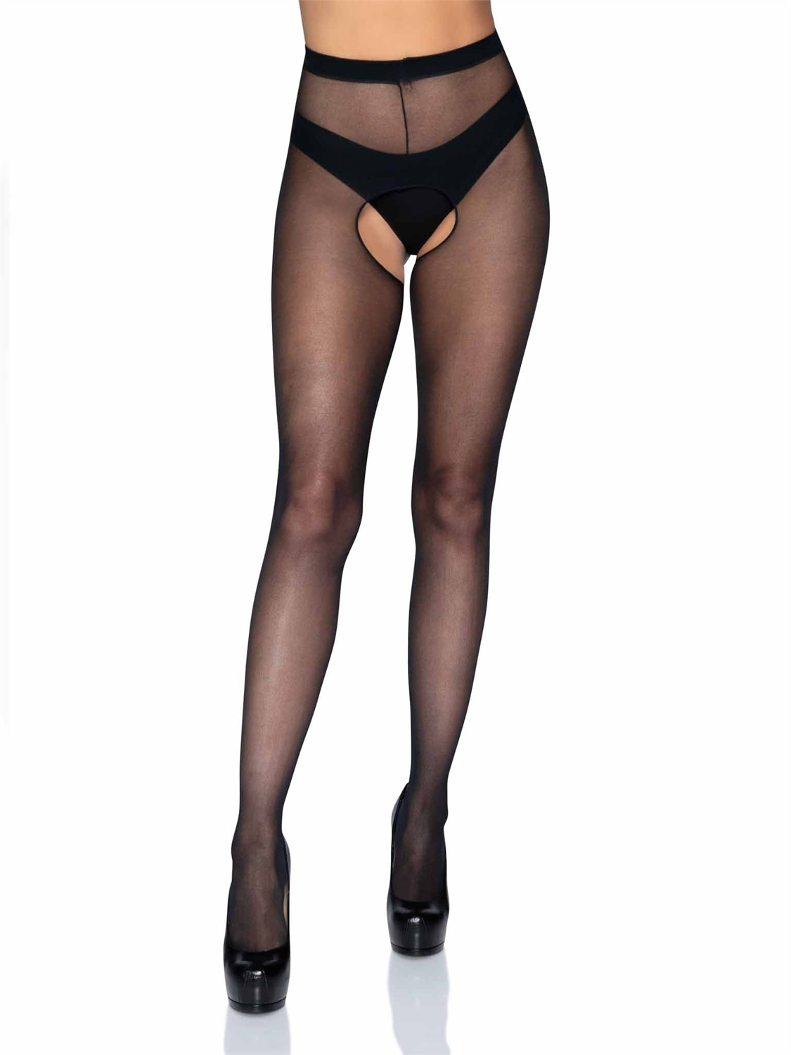 Leg Avenue Collant Sexy Sheer Crotchless Nero - Taglia Unica Regolabile in Nylon