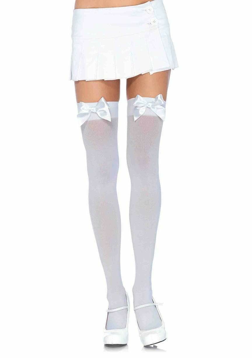 Leg Avenue Calze Autoreggenti in Nylon con Fiocco Bianco - Sopra il Ginocchio, Taglia Unica