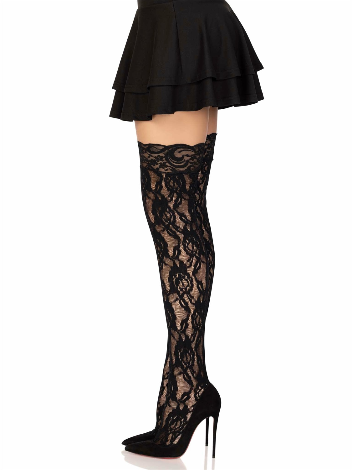 Leg Avenue Calze in Pizzo Floreale Nero - Taglia O/S, 100% Poliammide