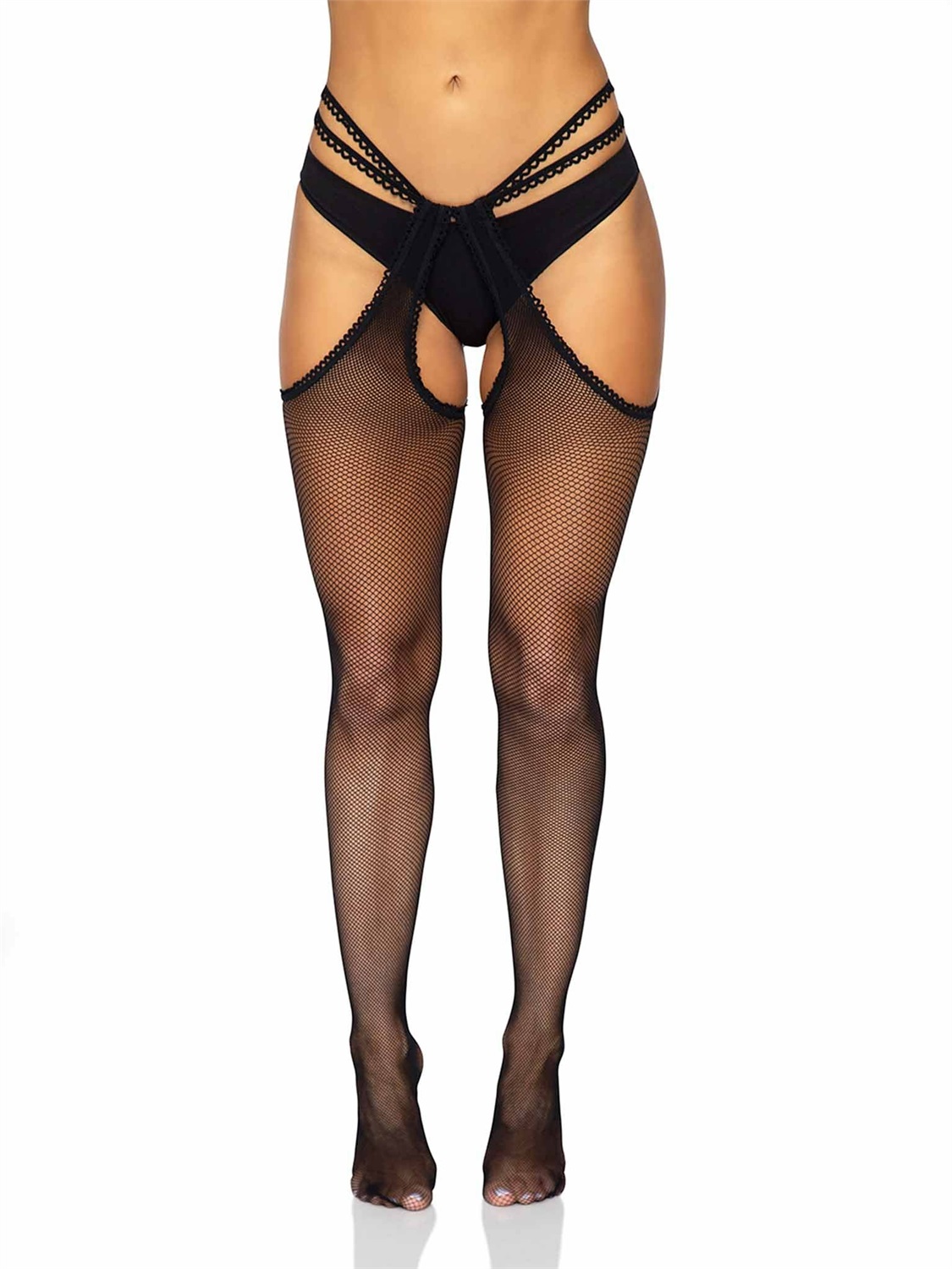 LEG AVENUE Calze Sexy Suspender Hose Nero - Motivo a Rete e Dettagli Smerlati, Materiale Elastico
