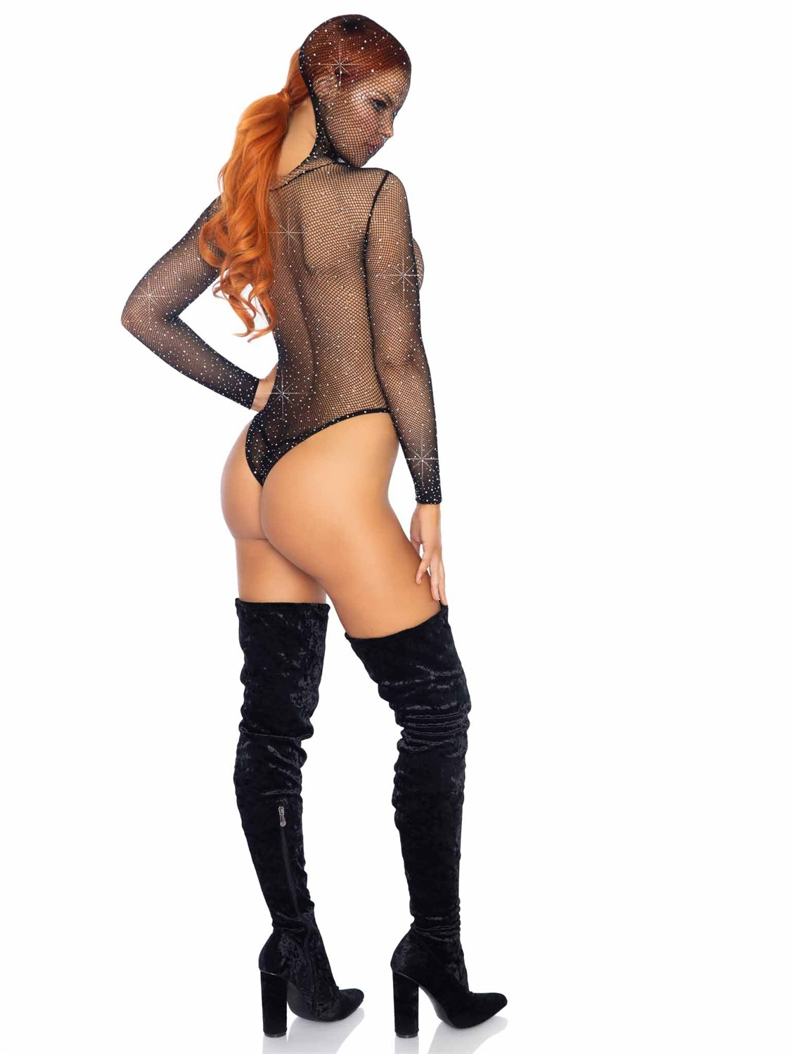 Leg Avenue Kink Teddy Nero - Body a Rete con Cappuccio e Strass, Stile BDSM, Maniche Lunghe