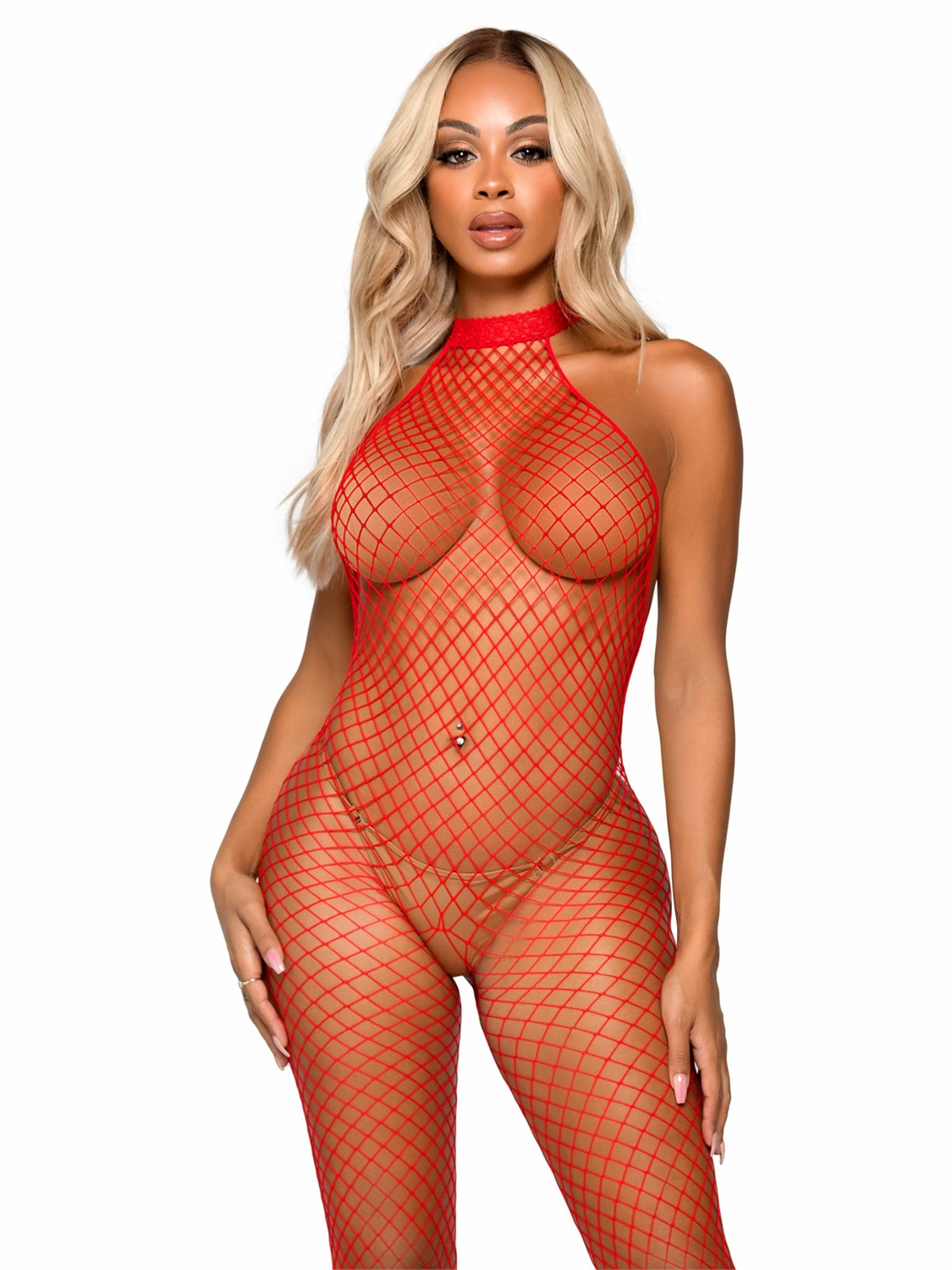 Leg Avenue Bodystocking 89304 Rosso - Rete, Scollo a Barchetta, Taglia Unica