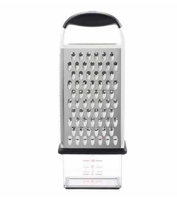 OXO Good Grips Grattugia Alimentare a Quattro Lati in Acciaio Inox con Contenitore - Multiuso per Frutta, Formaggi, Aglio e Zenzero
