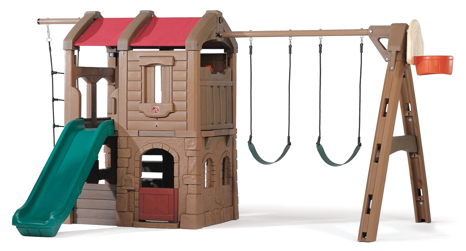 Step2 Parco dell'Avventura Naturally Playful Lodge - Parco giochi XXL con scivolo, altalene, scala di corda e canestro da basket per bambini dai 3 agli 8 anni