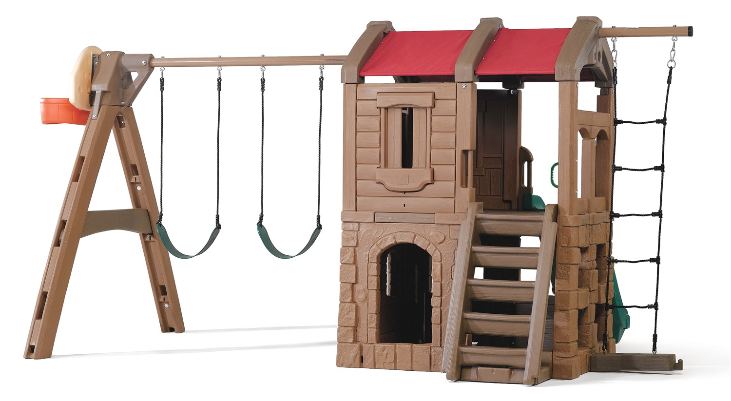 Step2 Parco dell'Avventura Naturally Playful Lodge - Parco giochi XXL con scivolo, altalene, scala di corda e canestro da basket per bambini dai 3 agli 8 anni