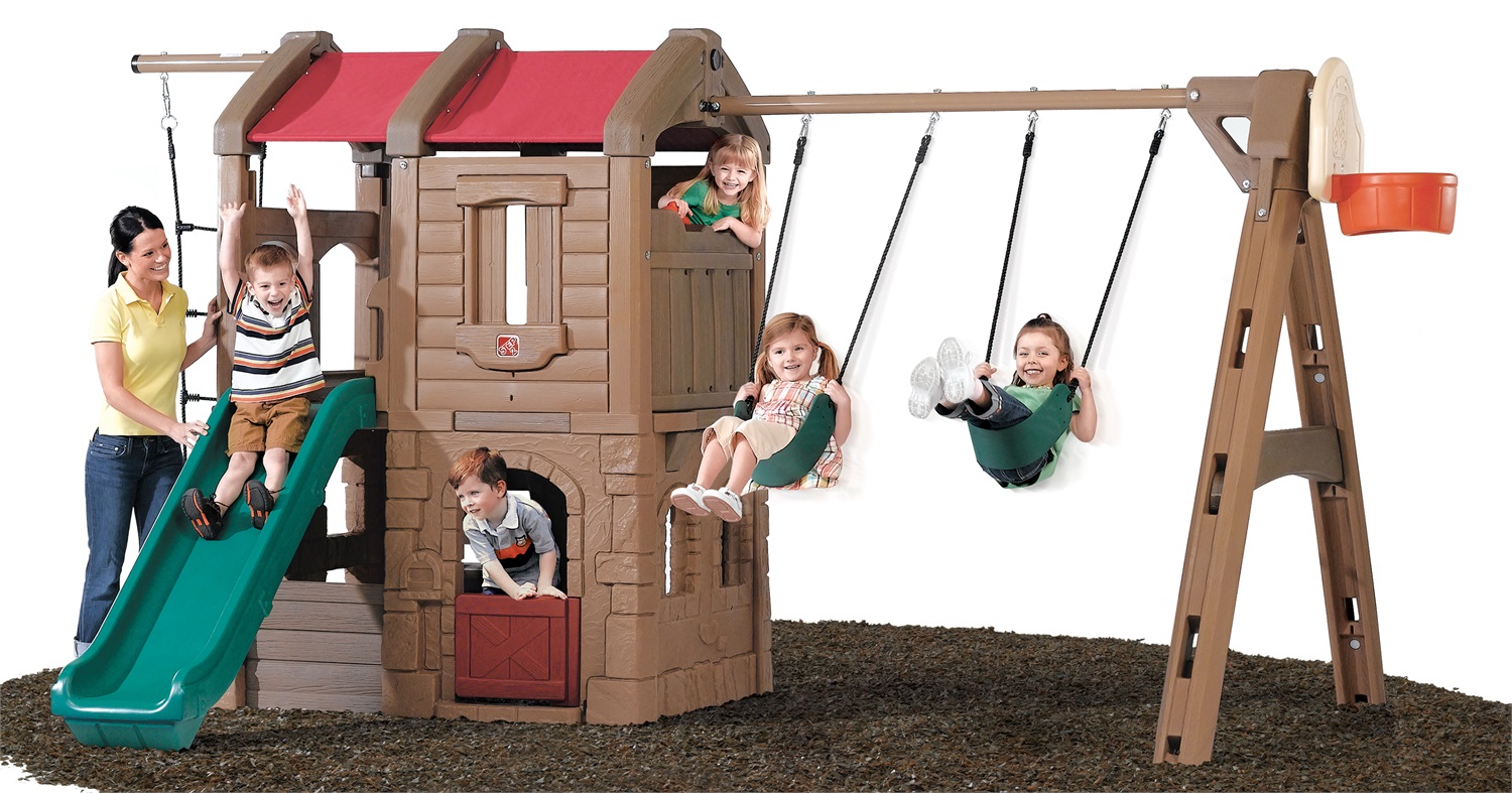 Step2 Parco dell'Avventura Naturally Playful Lodge - Parco giochi XXL con scivolo, altalene, scala di corda e canestro da basket per bambini dai 3 agli 8 anni