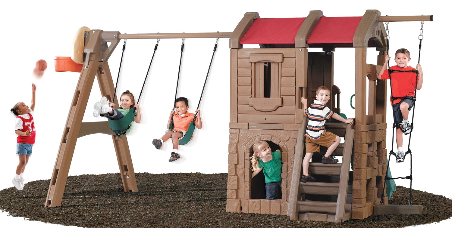 Step2 Parco dell'Avventura Naturally Playful Lodge - Parco giochi XXL con scivolo, altalene, scala di corda e canestro da basket per bambini dai 3 agli 8 anni