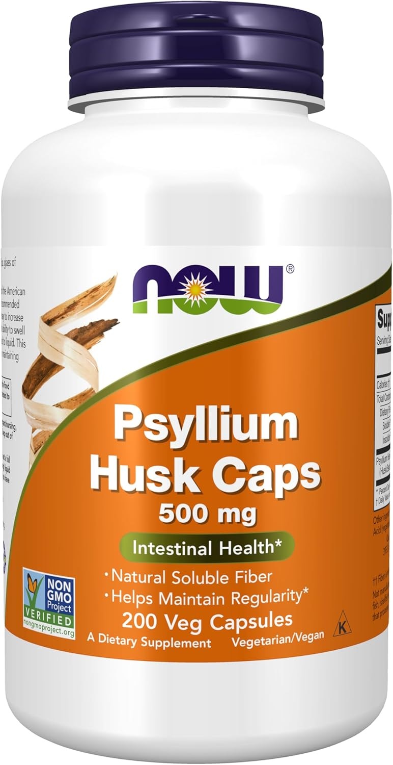 Now Foods Psyllium Husk 500 mg - 200 Capsule Vegetali - Fibra Solubile Naturale per la Salute Intestinale