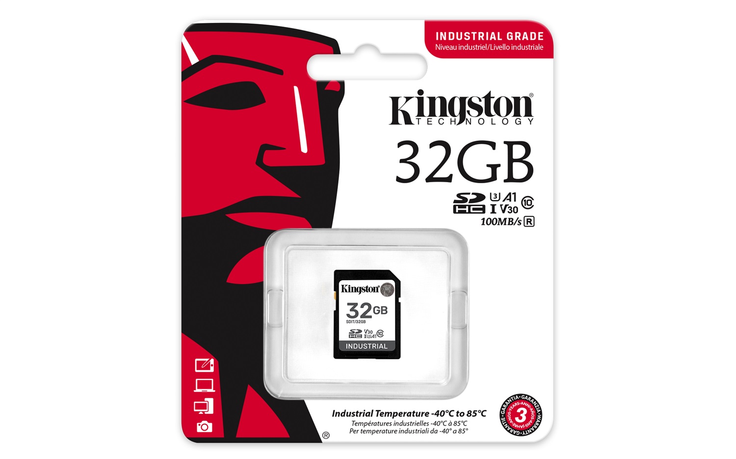 Kingston Technology 32GB SDHC Industrial -40C to 85C, UHS-I U3, Classe 10, Velocità di Lettura 100 MB/s, Velocità di Scrittura 80 MB/s