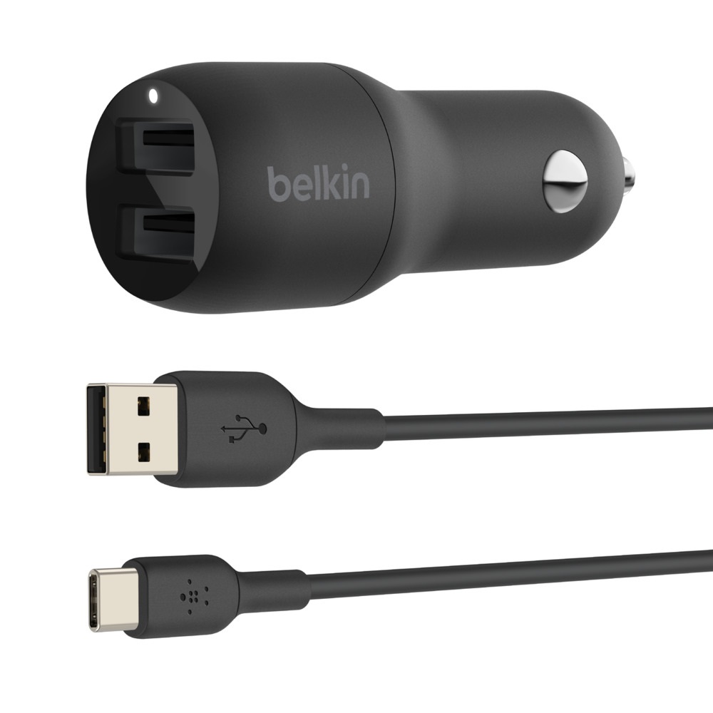 Belkin BoostCharge Doppio Caricabatteria da Auto USB da 24W con 2 Porte USB-A e Cavo USB-C da 1m, Nero