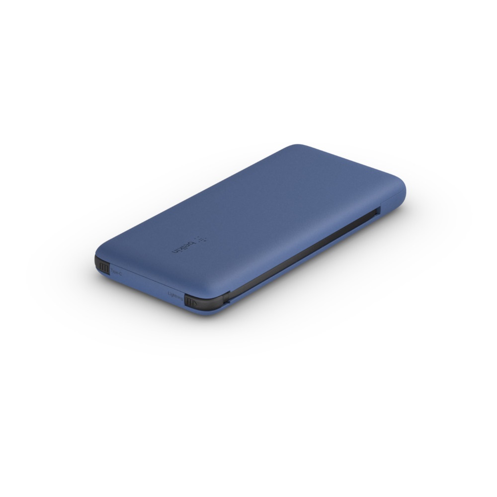 Belkin BoostCharge Plus Power Bank 10000 mAh Blu con Ricarica Rapida 18W e Cavi Integrati USB-C e Lightning