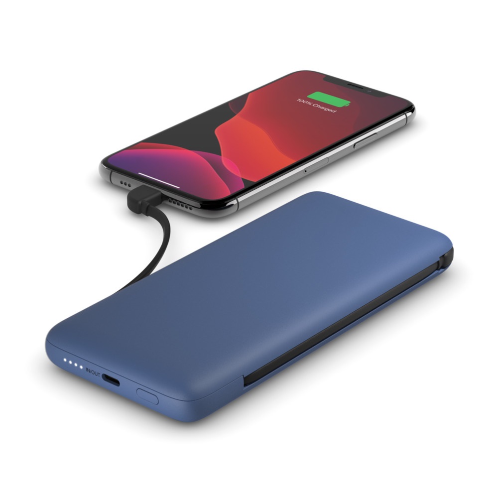 Belkin BoostCharge Plus Power Bank 10000 mAh Blu con Ricarica Rapida 18W e Cavi Integrati USB-C e Lightning