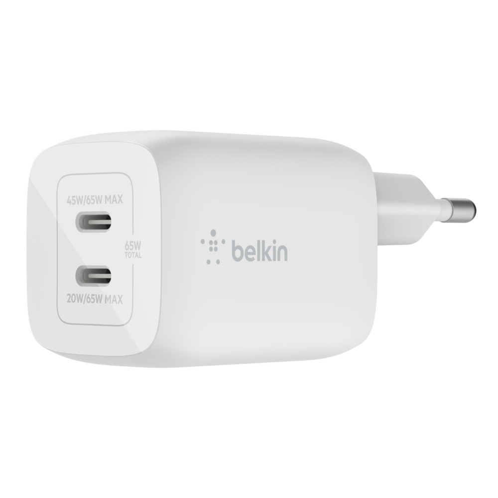 Belkin WCH013vfWH Caricabatteria da Parete USB-C 65W con 2 Porte, Ricarica Rapida PD 3.0 e Tecnologia GaN - Bianco