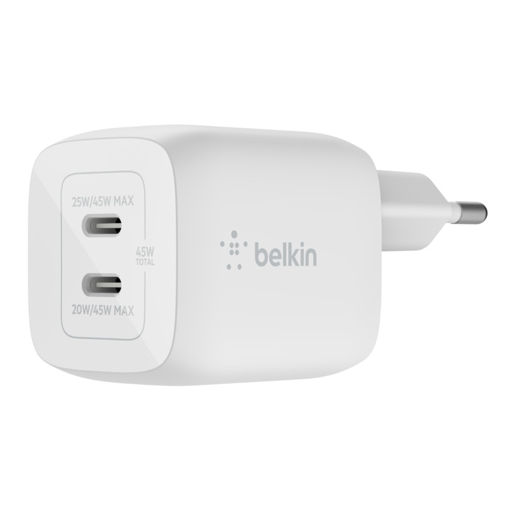 Belkin Caricabatteria da Parete Doppio USB-C 45W con Tecnologia GaN e Ricarica Rapida PD 3.0