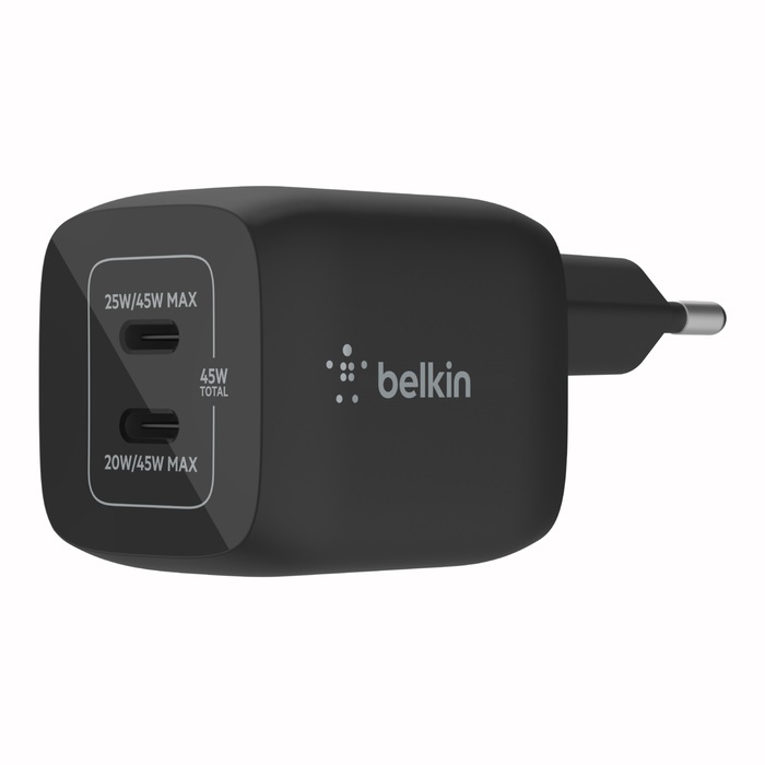 Belkin Caricabatteria da Parete Doppio USB-C 45W con Tecnologia GaN, PD 3.0 e PPS - Nero