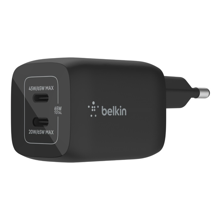 Belkin Doppio Caricabatterie da Parete USB-C 65W con Tecnologia GaN e Ricarica Rapida PD 3.0