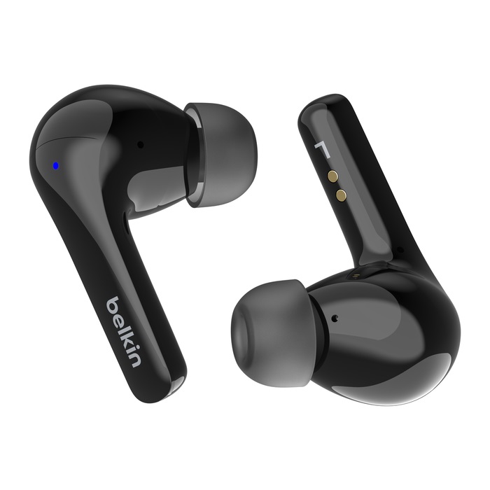 Belkin SoundForm Motion Auricolari True Wireless con Cancellazione del Rumore, Custodia di Ricarica Wireless, 2 Microfoni, IPX5, 27 Ore di Batteria - Nero