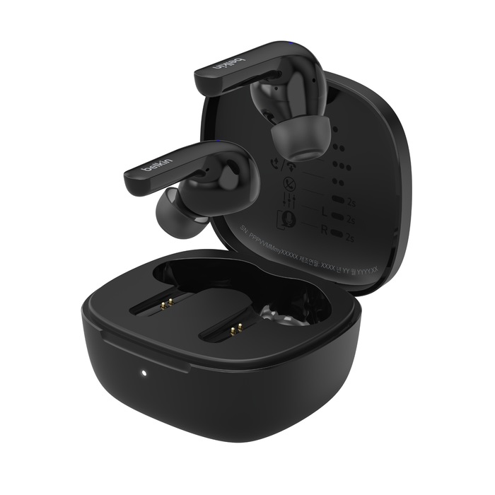 Belkin SoundForm Motion Auricolari True Wireless con Cancellazione del Rumore, Custodia di Ricarica Wireless, 2 Microfoni, IPX5, 27 Ore di Batteria - Nero