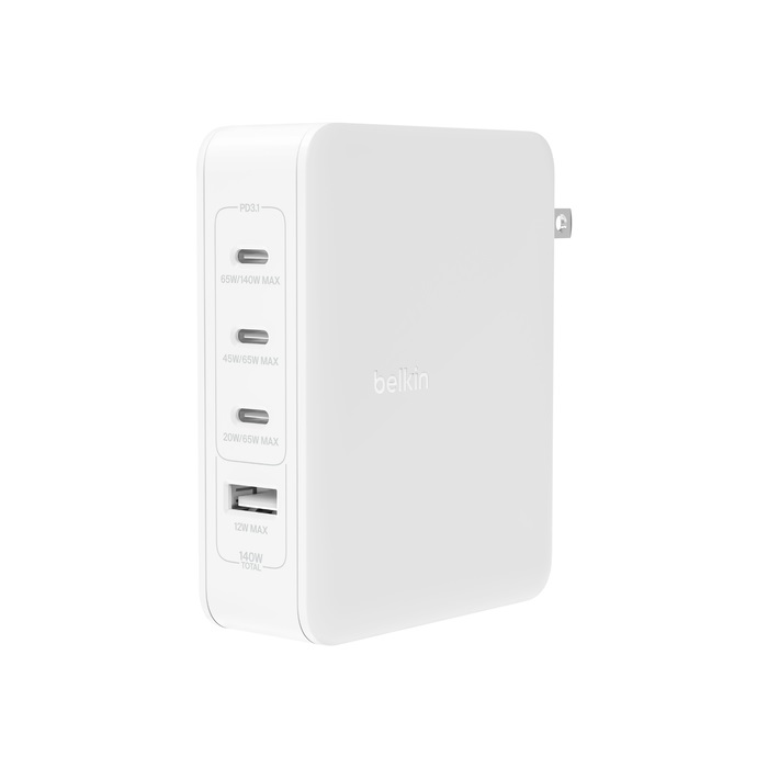 Belkin BoostCharge Pro 140W Caricabatteria da Parete GaN a 4 Porte (3x USB-C, 1x USB-A) con Ricarica Rapida USB-C PD e Adattatore Universale Bianco