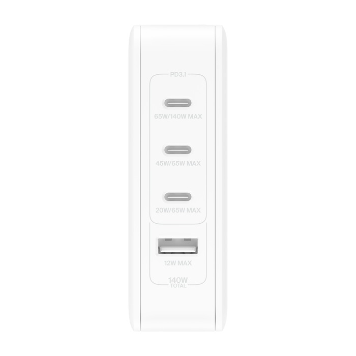 Belkin BoostCharge Pro 140W Caricabatteria da Parete GaN a 4 Porte (3x USB-C, 1x USB-A) con Ricarica Rapida USB-C PD e Adattatore Universale Bianco
