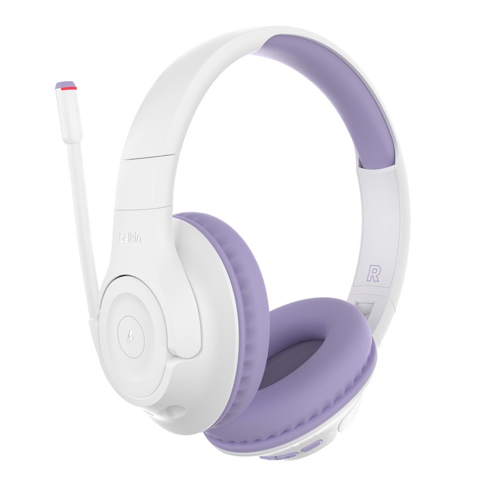 Belkin SoundForm Inspire Cuffie Wireless Over-Ear per Bambini con Microfono Integrato, Bluetooth 5.2, 35 Ore di Riproduzione, Colore Lavanda e Bianco