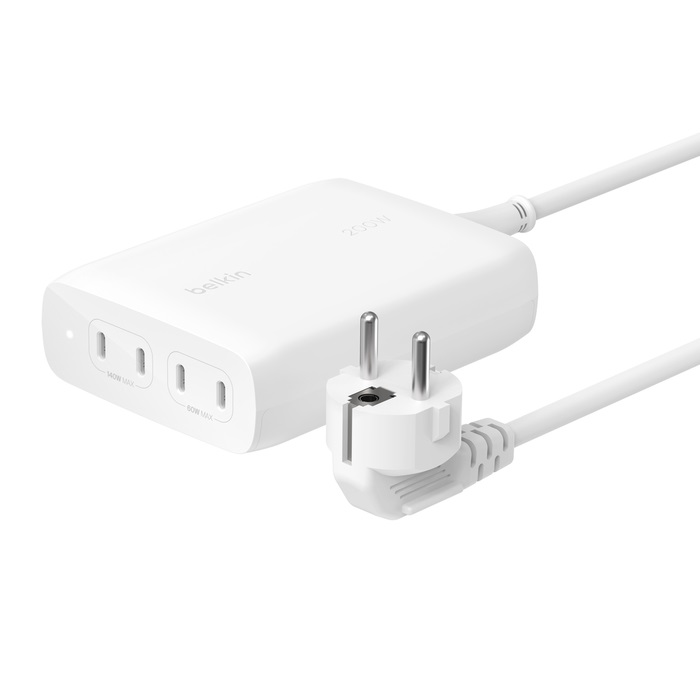 Belkin BoostCharge Pro Caricatore da muro 4 porte USB-C 200W GaN con ricarica rapida e cavo da 1,5 m per Computer portatile, Smartphone e Tablet - Bianco