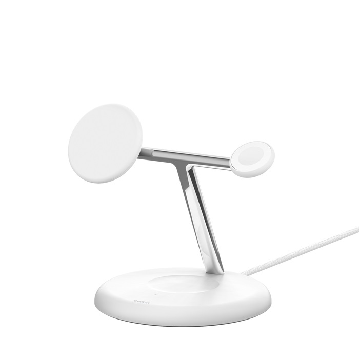 Belkin Supporto di Ricarica Wireless Magnetica 3 in 1 con Qi2 (15 W) - Compatibile con MagSafe, Caricatore Rapido per iPhone 16/15/14/13, AirPods e Apple Watch - Bianco