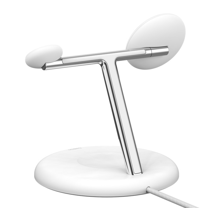 Belkin Supporto di Ricarica Wireless Magnetica 3 in 1 con Qi2 (15 W) - Compatibile con MagSafe, Caricatore Rapido per iPhone 16/15/14/13, AirPods e Apple Watch - Bianco