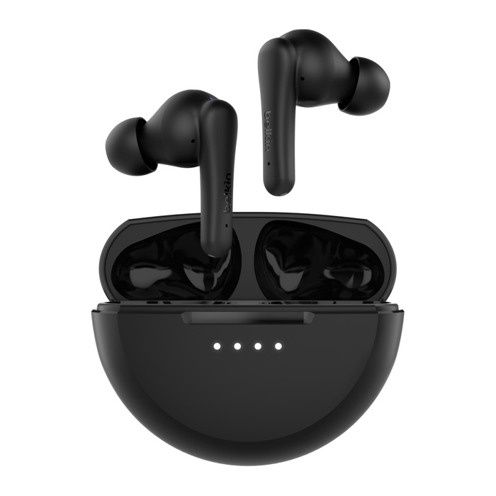 Belkin SoundForm Rhythm Auricolari True Wireless Bluetooth 5.3 con Microfono, Ricarica USB-C Rapida, 28 Ore di Batteria, Resistenza IPX5, Nero