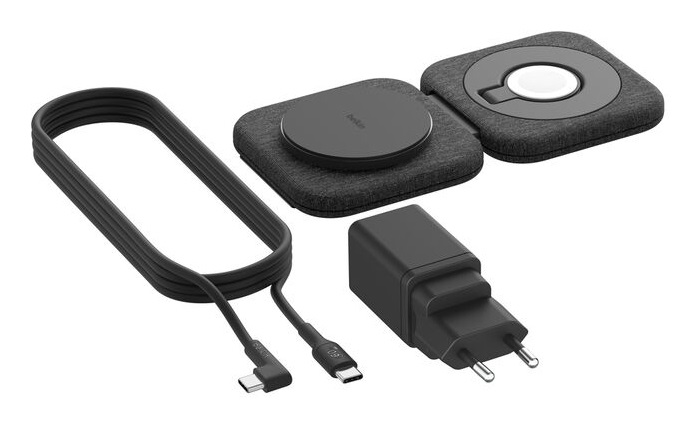 Belkin BoostCharge Pro Caricatore Wireless Pieghevole 15W con Ricarica Magnetica 2 in 1 per iPhone 17, Apple Watch 11 e AirPods
