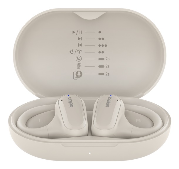 Belkin SoundForm ClearFit Auricolari Wireless Open-Ear Sportivi e Leggeri, True Wireless Stereo (TWS), Resistenti all'Acqua (IPX5), Ideali per Ciclismo, Escursionismo e Corsa, Grigio Sabbia